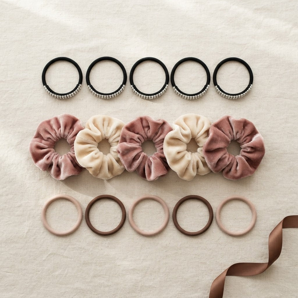 Set ARI ELE de 15 coleteros premium: piedreria, terciopelo y minimalistas sobre fondo crema