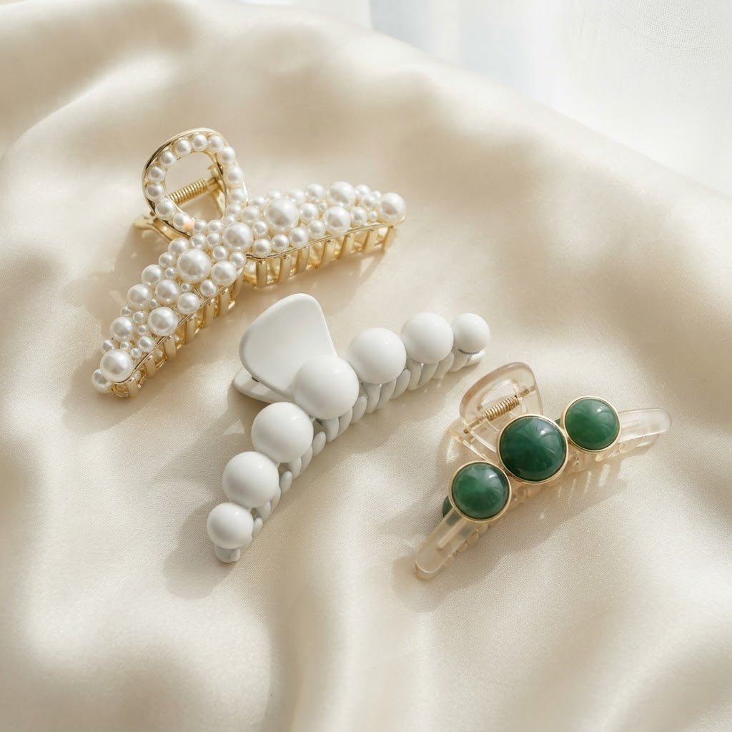 Set ARI ELE tres pinzas premium: perlas, cinco esferas blanca y dos esferas verde