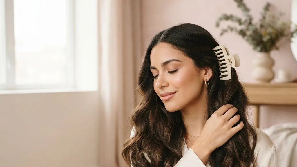 Mujer peinándose con una pinza garra crema en su ritual de cabello Ari Ele