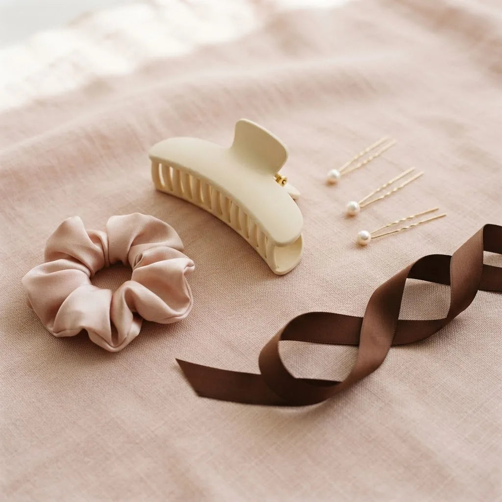 Selección curada de accesorios de cabello Ari Ele sobre lino rosa