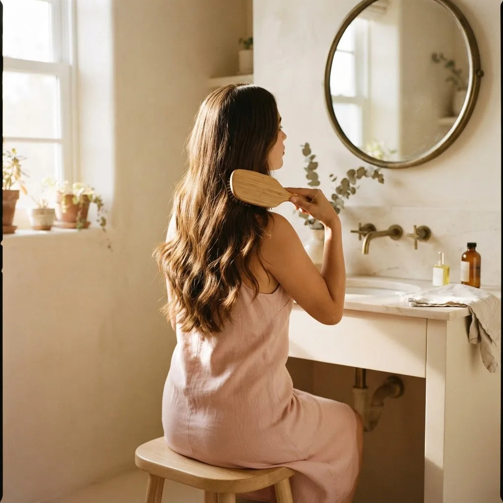 Ritual matinal de peinado con cepillo de madera en baño de tonos crema